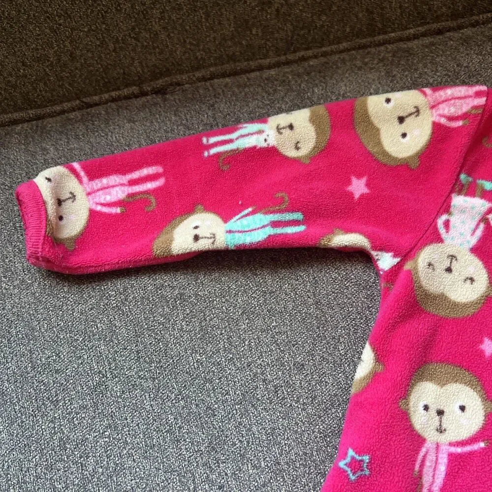 Carter's Toddler Girls 1-Piece Cute Monkey Print Cozy Fleece Zip-Up PJs Pink 18M